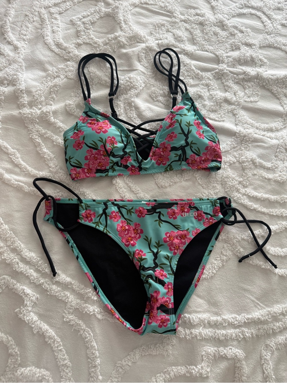 BECO Floral Strappy Bikini Set in Aqua with Pink Blossoms
